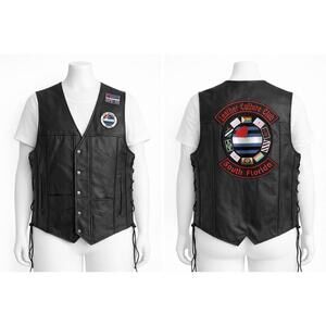 VTG Y2K Leather Culture Club Black Leather Biker Vest XL Lace Up Side Pride Patc